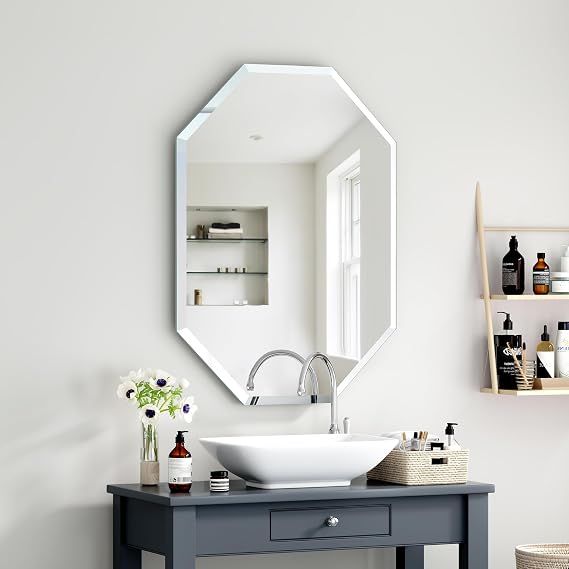 Bathroom Mirror 24" x 32" Frameless Octagon Mirror Beveled Edge Wall Mirror, Anti-Rust, Hangs Horizontally or Vertically
