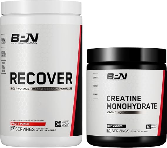 BARE PERFORMANCE NUTRITION BPN Recover Post-Workout Muscle Recovery Drink Mix Fruit Punch 25 Servings + Pure Creatine Monohydrate Powder 60 Servings | Recovery + Strength Bundle