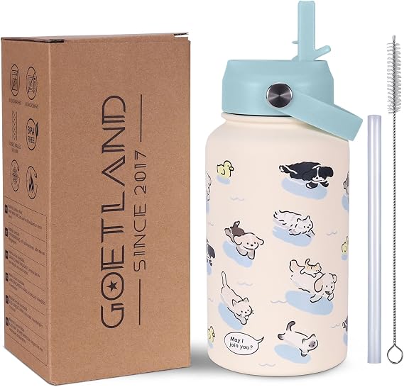Goetland 20 oz Insulated Water Bottle with Straw Lid Stainless Steel Cute Dog Cat Pattern UV Printed Vacuum Double Wall Leakproof Wide Mouth for Kids Girls Women Light Blue