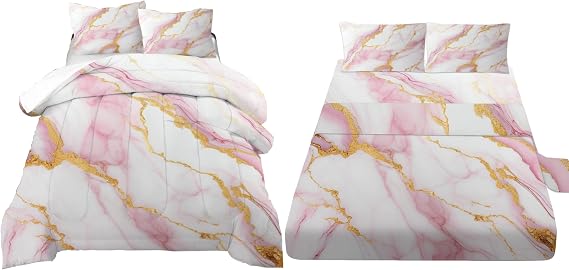 Pink Marble Girls Bedding Set Queen Size Bed in a Bag Pink and Gold Glitter Marbling Comforter Set with Sheets for Teen Girls Women