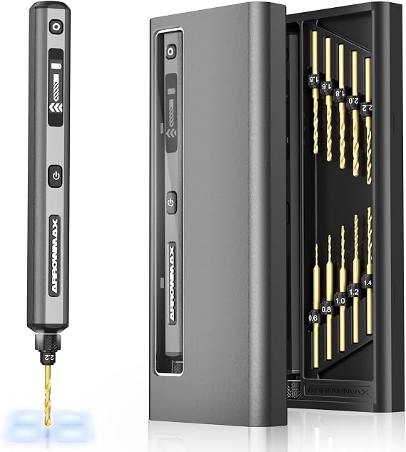 AM ARROWMAX Electric Mini Drill Pen, 5 Speed, 10 Small Drill Bits with Aluminum Box, LED Light, OLED Display, Resin Drill Set for Jewelry Making Plastic, Wood SDS