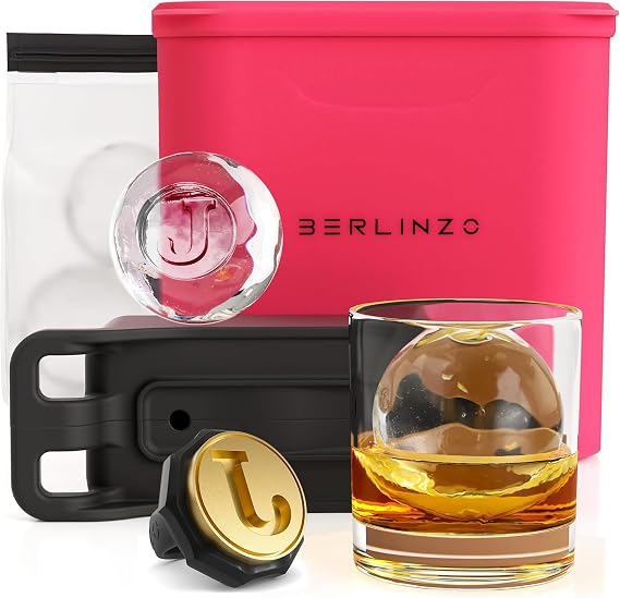 Berlinzo Premium Clear Ice Ball Maker Mold with Ice Stamp Ring Letter J - 2 Large 2.4" Crystal Clear Ice Balls - Easy-to-Remove Ice Sphere Mold - Storage Bag Included, Hibiscus (Non-Electric)