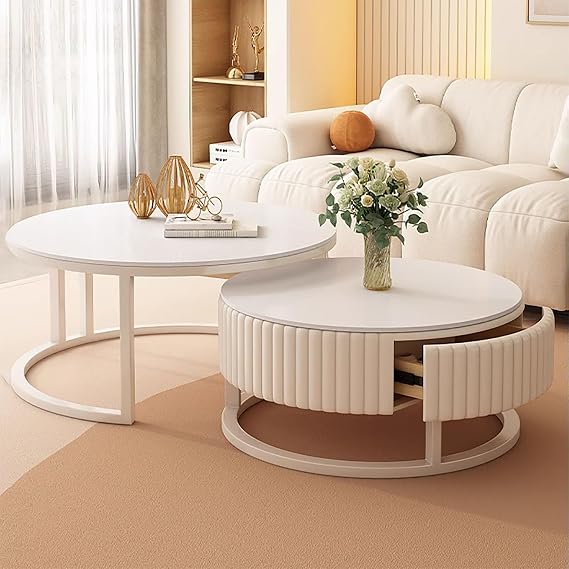 Storage Coffee Table 31.5" Coffee Table White Modern Circle Coffee Table Set 2 in 1 Round Coffee Tables Living Room Farmhouse Coffee Table Easy Assembly for Liv,70cm/27.5"