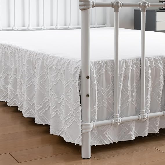 Boho Bed Skirt Queen Size - 14 Inch Drop Tufted Dust Ruffle Bed Skirt with Platform, Ruffled with Split Corners, White, 14'' Queen Size Bed Skirts