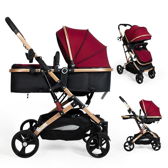 2 in 1 Convertible Baby Stroller Newborn Foldable Pushchair with Adjustable Canopy Folding High Landscape Infant Carriage, Anti-Shock Toddler Pushchair