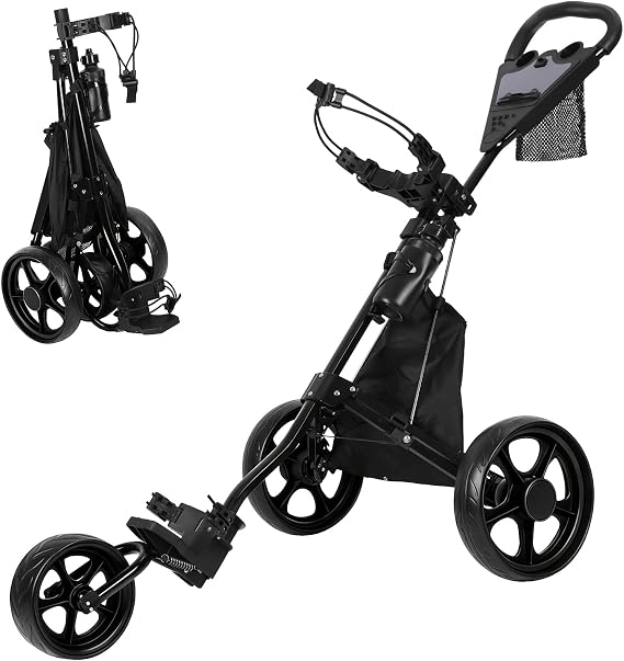 Golf Push Cart, All-Terrain with 27.5-Inch Wide Track & Triangular Chassis, 2-Step Folding Heavy Duty Trolley for Slope Stability