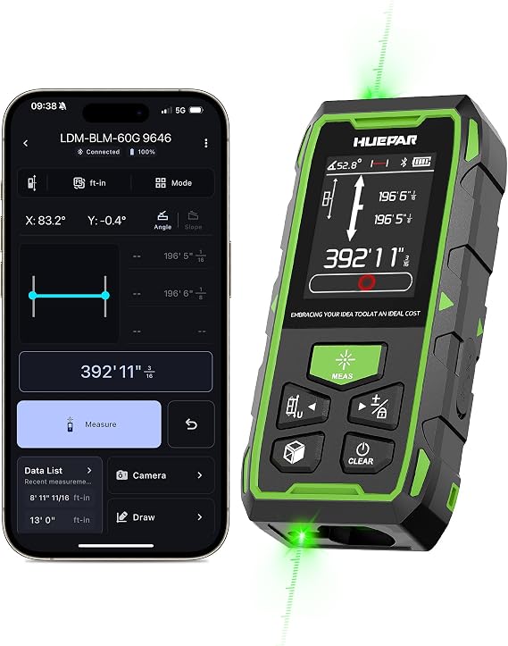 Huepar 2026 Upgraded Dual Laser Measuring Tool 395Ft, Phone App, Green Beam
