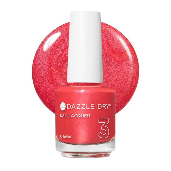 Dazzle Dry Nail Lacquer, Step 3 Poolside Pink (0.5 fl oz) | A Deep Coral Pink-Red Semi-Sheer Shimmer Finish Quick-Dry