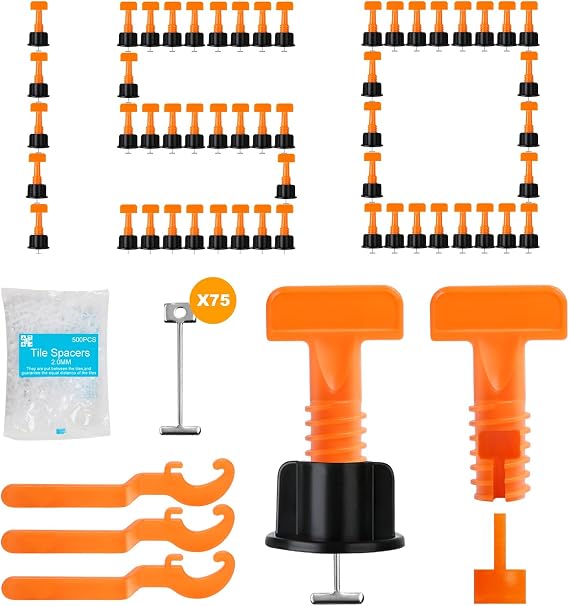 DGSL Tile Leveling System Kit with 150Pcs Tile Leveler 1.5mm | 3 Wrenches and 75 Steel Wedges 800Pcs Tile Levelers, Tile Leveling Clips Kit Tile Spacers