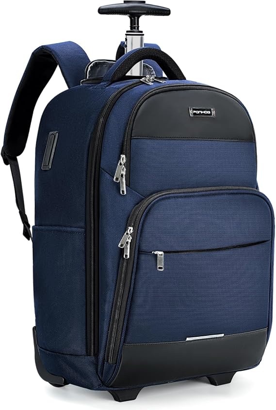 Ponhog Rolling Backpack, 30L Travel Laptop Backpack with Wheels, 15.6 Inch Personal Item Roller Luggage with USB Charging Port Flight Approved for Men Women Adults, Blue