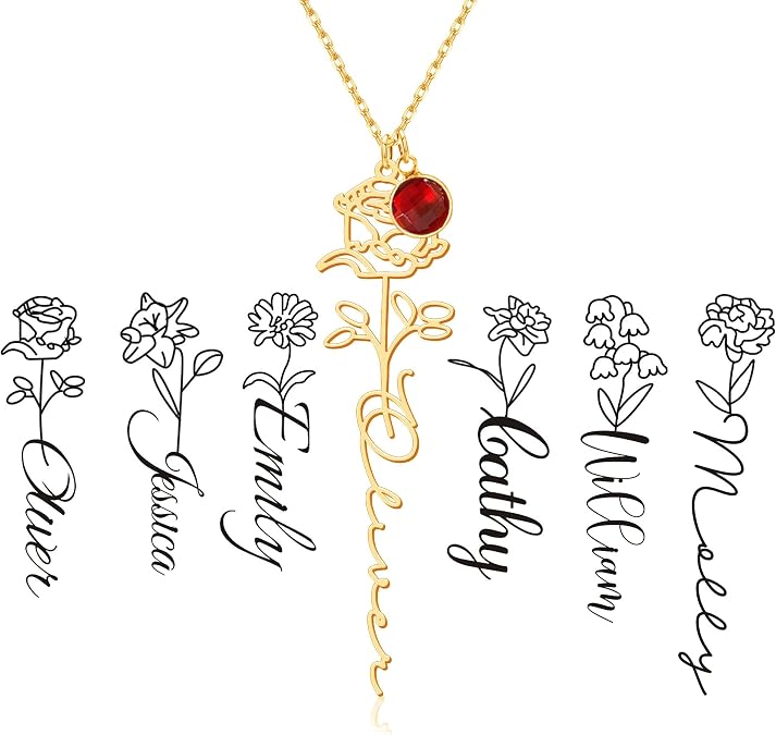 Handmade Birth Flower Name Necklace for Mom, Personalized Birthday Gifts for Mom, Custom Jewelry Gifts for Mother in Law, Bridesmaid