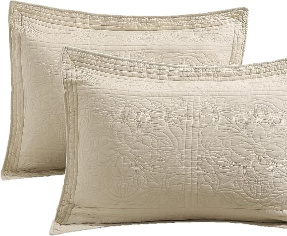 WINLIFE 100% Cotton Quilted Pillow Sham Floral Printed Pillow Cover (Standard, Beige)