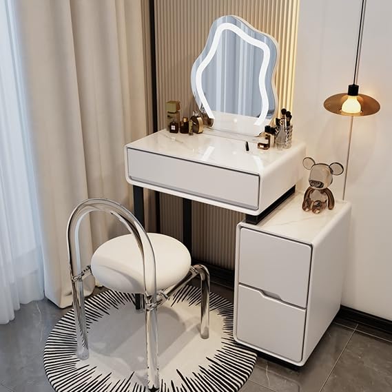 Vanity Desk with LED Lighted Mirror, Adjustable 3 Color Lights, Makeup Vanity with Drawer and Stool, Modern Makeup Vanity Table with Side Cabinet(Cream White C,70cm/27.5in)