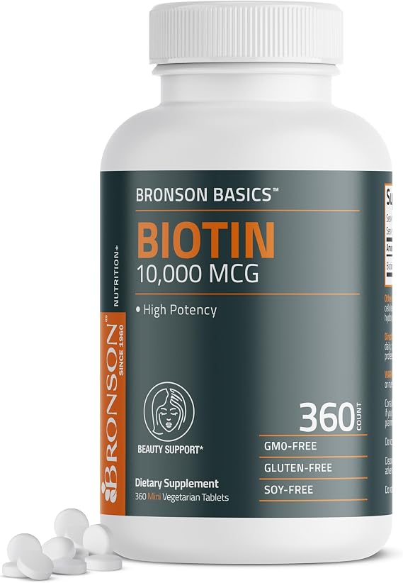 Bronson Biotin 10,000mcg Hair Skin and Nails Vitamins, 360 Tablets | Vegetarian Beauty Support, Non-GMO, Gluten-Free, Soy-Free, Supports Healthy Hair, Skin and Nails