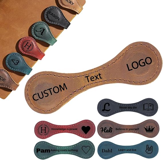 Personalized Leather Magnetic Bookmarks Custom Engraved Vintage Bookmark Name Initials Text Book Marker Clips Customized Gifts for Readers Kids Book Lover Teacher Classmate (1pcs)