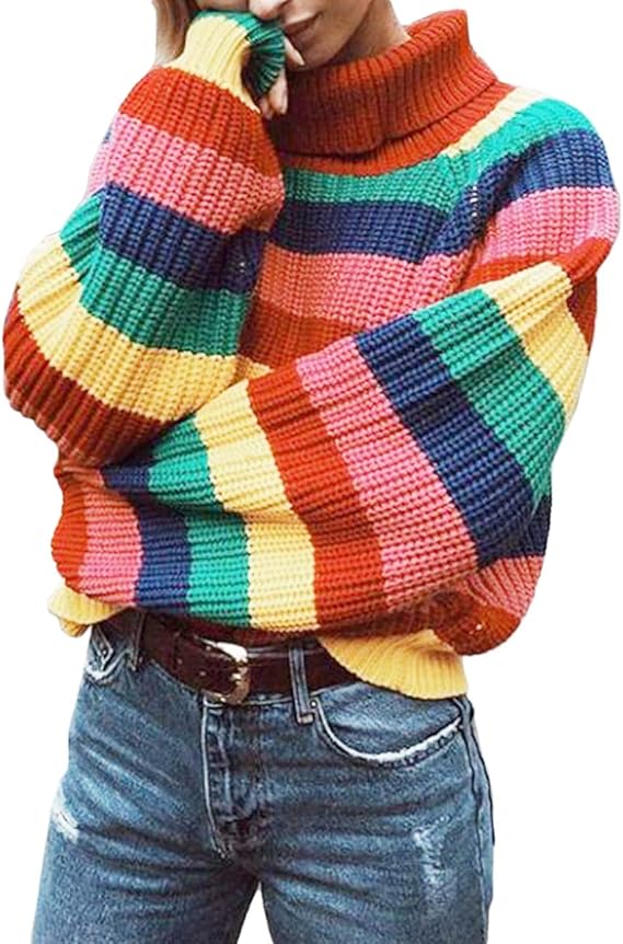 iticat Women Rainbow Sweater Chunky Colorful Striped Turtleneck Pullover | Going Out Halloween Christmas Festival Party Long Sleeve High Neck Color Block Loose Fit Oversized Warm Rave Knitting Top