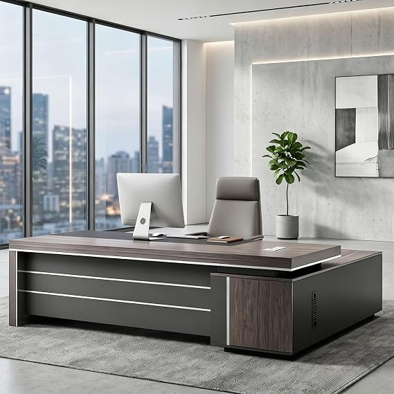 Modern L-Shape Executive Desk with Locking Drawers & Storage Cabinet, Large CEO Office Computer Desk, Professional Business Workstation with Integrated Wire Management (Left, 87" L x 63" W x 30" H)