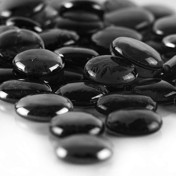 CYS EXCEL X-Large 1.1"-1.35" Black Glass Flat Gemstone Vase Fillers (1 LB) Multiple Color Choices Marble Beads Aquarium Rocks Floral Supplies Stones Decorative Mosaic Gem Pebbles (Approx. 28-35 PCS)