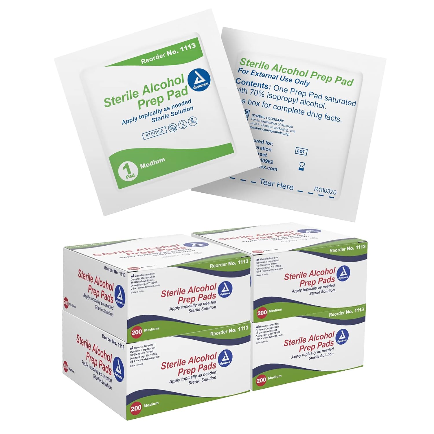 Dynarex DynaSafety Sterile Alcohol Prep Pads - Medium - 70% Isopropyl Alcohol, Individually Wrapped, Soft Cleaning Wipes - 100 per Box