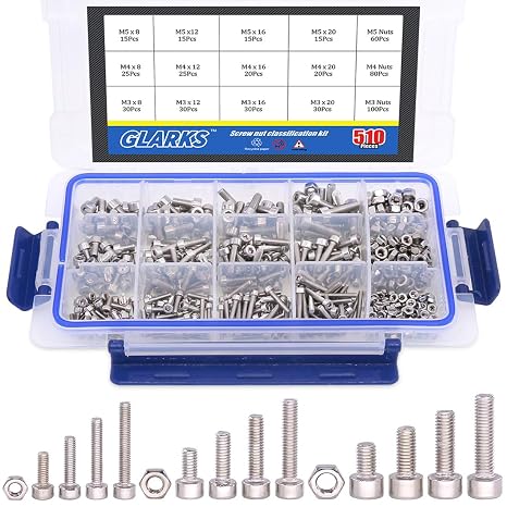 Glarks 510Pcs M3 M4 M5 304 Stainless Steel Hex Socket Head Cap Screws with Nuts Assortment Kit