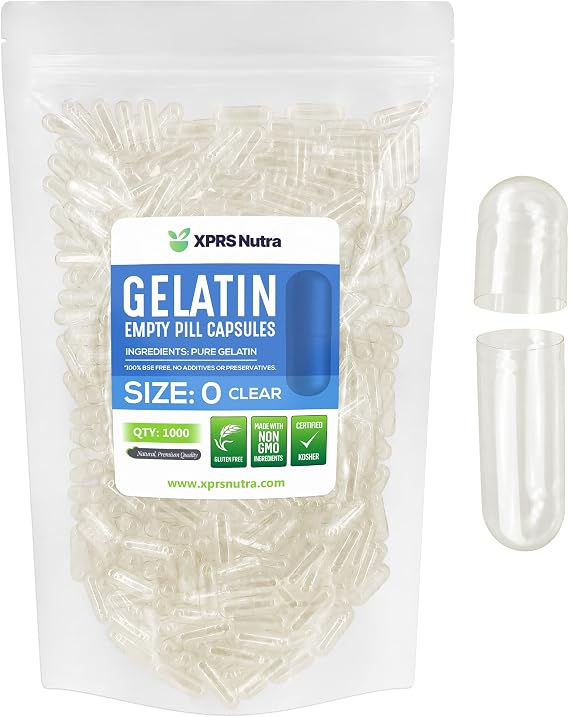 XPRS Nutra Size 0 Clear Empty Gelatin Capsules 1000 Count - Kosher and Halal - Pure Gelatin Pill Capsule - DIY Powder Filling - Fillable Gel Caps Pills for Do It Yourself Supplements