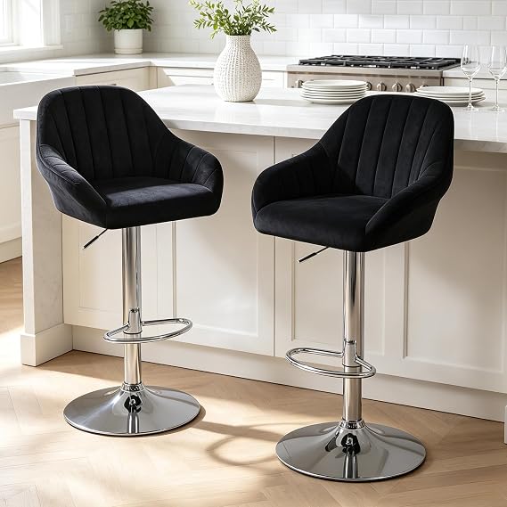 Bar Stools Set of 2 Height-Adjustable Swivel Breakfast Chairs Black
