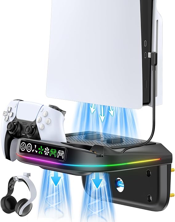 PS5ウォールマウントキット、エッジ&デュアルコントローラー用充電ステーション、9つのライトモードPS5冷却ステーション、3レベルファン付き、PS5 Proスタンドウォール、PS5/Slim/Proディスク&デジタル用、PS 5アクセサリーシェルフマウント