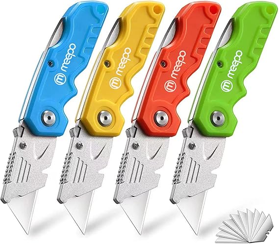 M MEEPO 4-Pack Box Cutter, Colorful Folding Utility Knife w/ 10 pcs Blades