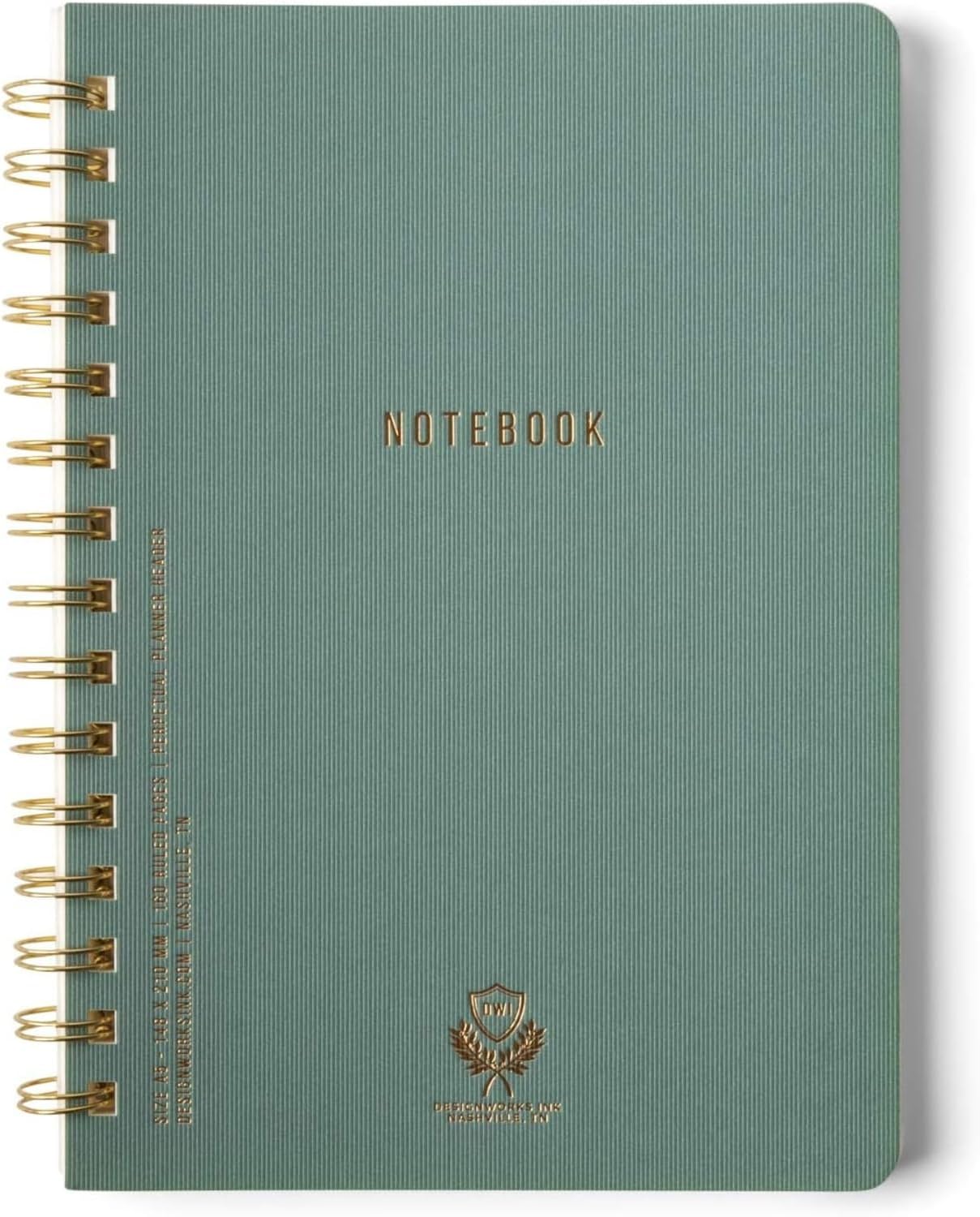 DesignWorks Ink A5 6" x 8.25" Juniper Green Textured Paper Notebook Journal with Gold Accents, Lined Pages, and Durable Spiral Binding for Work, Writing, Journaling