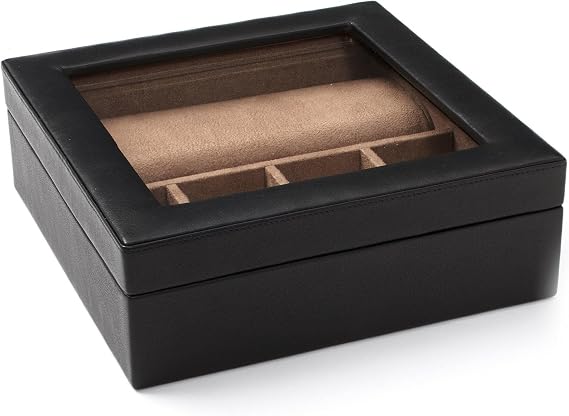 Black Onyx Deluxe Leather Watch Case 8 Slot Watch Storage Box with Cushions & Acrylic Display Window Organizer for Men's Watches, Dresser or Nightstand Use