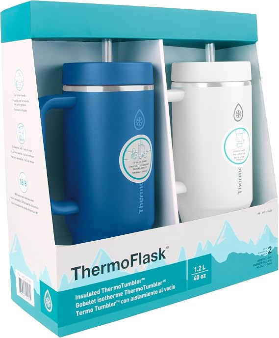 Thermoflask Premium Quality Double Wall Insulated Stainless Steel Tumbler with Straw Lid, 40 Ounce, 2-Pack, Blue/White