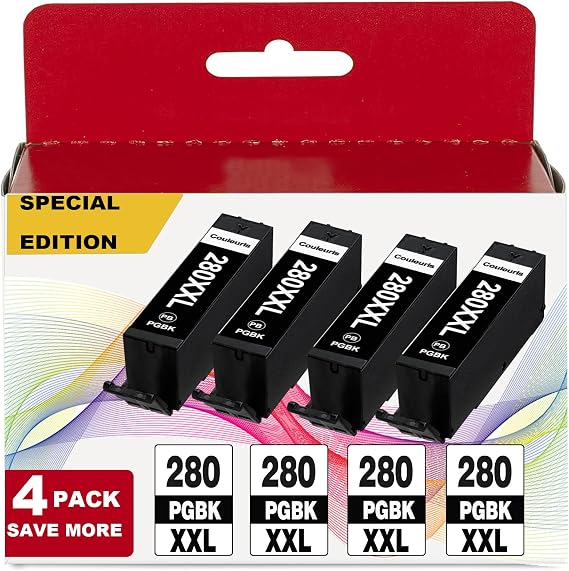 Compatible Ink Cartridge Replacement for Canon 280XXL (4 Pack) Printer Accessories to use with PIXMA TR7520 TR8520 TS6120 TS6220 TS8120 TS8220 TS9120 TS9520 TS9521C Printer (4 PGBK)