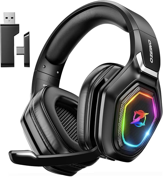Ozeino Wireless Gaming Headset with Flip Microphone, RGB Lighting Gaming Headphones for PS5, PS4, PC - 2.4GHz USB & Type C Transmitter