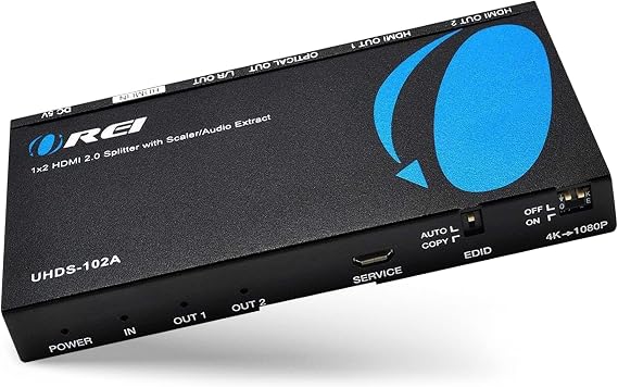 OREI 1x2 2.0 HDMI Splitter with Scaler Audio Extractor Up to 4K@60Hz, EDID | HDMI 2.0b, HDCP2.2/HDCP1.4 compliant. Supports digital and analog audio extract output from HDMI source.