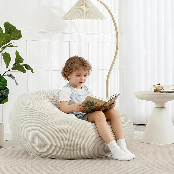 2.5FT Bean Bag Chair with Memory Foam Filling, Beige | Corduroy Fluffy Beanbag Chair for Kids and Teens, Comfy Floor Chair for Living Room Bedroom