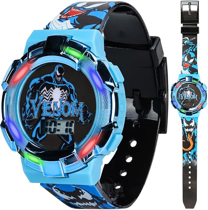 Marvel Venom Kids Watch Light-Up Bezel with Rotating Lights, LCD Display, Easy-to-Read, Adjustable Plastic Strap Perfect for Boys and Girls