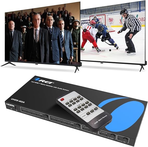 OREI 4x2 HDMI Matrix Switch 4K with Audio Extraction, ARC, EDID, Downscale