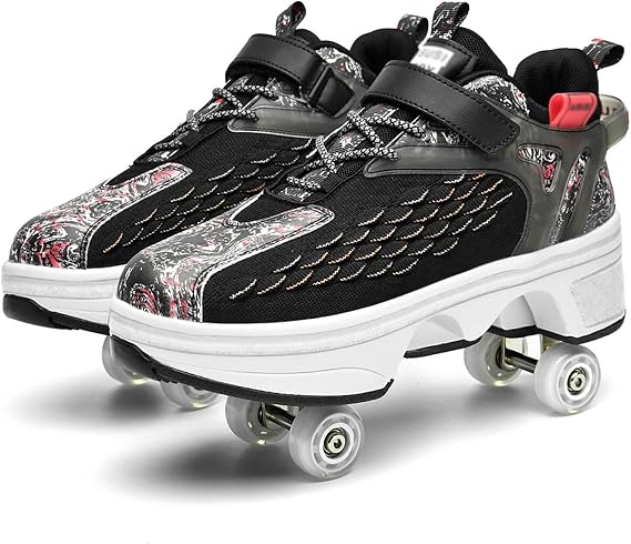 Roller Shoes, with Wheels Roller Skates Shoes, Skateboard Shoes Comfortable and Breathable Quad Skates Adjustable Roller Skates,Black-33