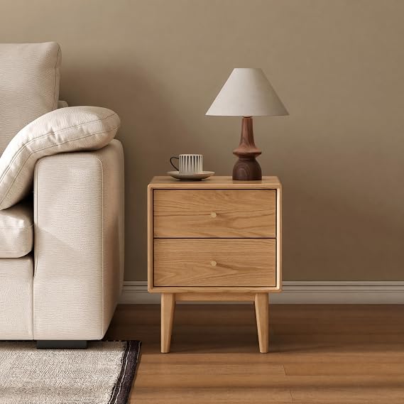 100% Solid Wood Nightstand, Natural Oak Nightstands with 2 Drawers, Mid Century Modern Night Stand, Small Bedside Table for Low Bed, Wooden Night Stands for Bedroom(19.69" H)
