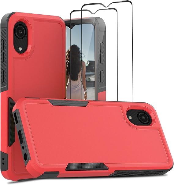 Jeylly for Samsung Galaxy A03 Core Case, with 9H Tempered Glass Screen Protector [2 Pack], Shockproof Hybrid Full Body Protective Phone Case for Samsung Galaxy A03 Core, Red