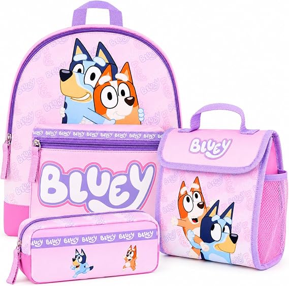 Bluey Backpack for Girls Pink, 3 Piece Set with Lunch Box and Pencil Case | Includes matching lunch bag and pencil case. Adjustable straps fit toddlers and kids for school, daycare, or travel.