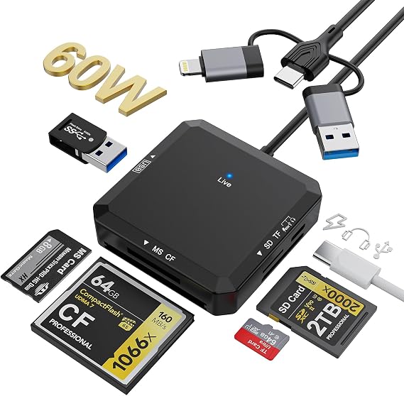 8-in-1 Multi Card Reader USB-C USB-A Lightning 3-Port Connector for SD TF CF MS USBA USBC OTG SD Memory Card Reader Adapter for iPhone17/16/iPad/Android/Mac/PC with Windows/Mac/Linux/Chrome OS