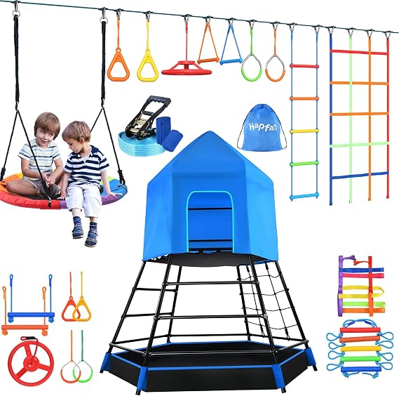 Hapfan Jungle Gym Bundle-Climbing Tower and 50ft Ninja Obstacle Course with Swing
