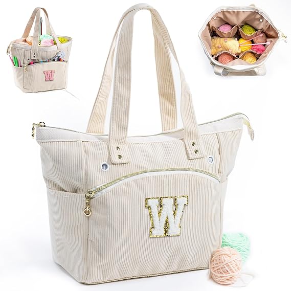 Initial Personalized Crochet Tote - Corduroy Yarn Storage Holder - Organizer for Hooks, Accessories - Project Knitting Bag - Crochet Lover Gift