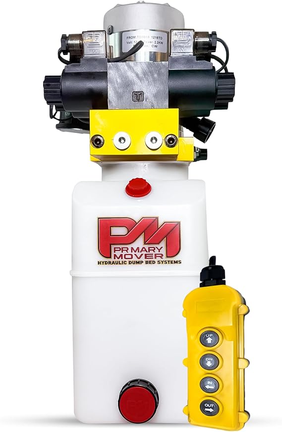 Primary Mover Hydraulic Pump for Dump Trailer - Dual Double 12Vdc Hydraulic Power Units - Dump Trailer Pump Poly Reservoir with 4 Button Remote Controller (6 Quart)