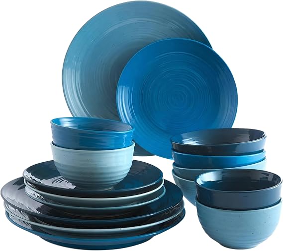 Sango Siterra Artist's Blend 16-Piece Stoneware Dinnerware Set Service for 4, Ocean Blue Glossy Glaze with Unique Speckled Design, for Everyday Dining & Entertainment, Microwave & Dishwasher Safe