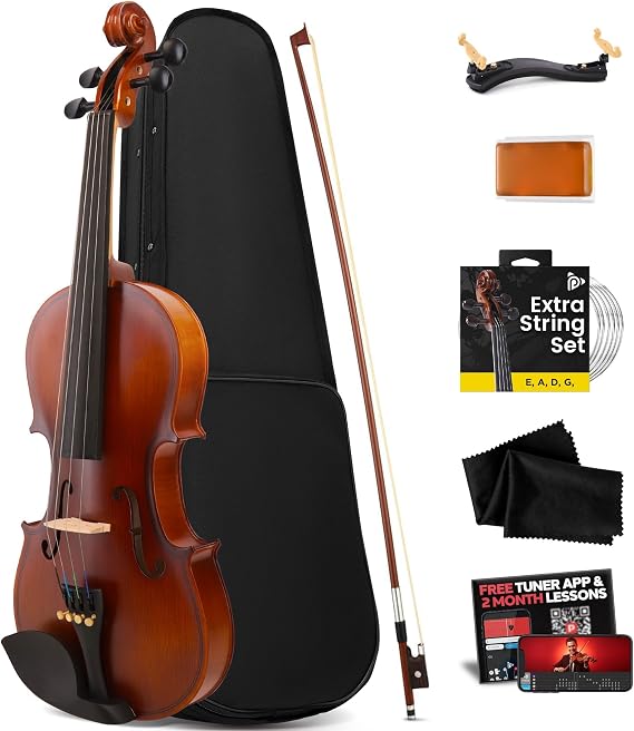 Pyle 3/4 Size Beginner Violin Starter Kit, Violin Starter Package with Travel Case & Bow, Extra Strings, Digital Tuner, Shoulder Rest & Cleaning Cloth for Students, Kids, Adults