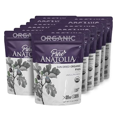 Organic Turkish Sun Dried Figs by Pure Anatolia - Non GMO, No Sugar Added, Sulfur Free, Kosher - Healthy Whole Fruit Fiber Snacks - 5 oz Resealable Packs - Pack of 12