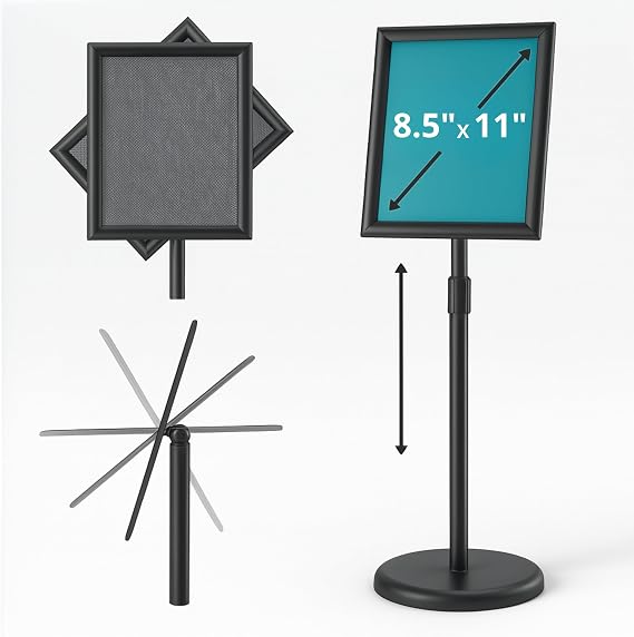 Sign Stand Holder 8.5 x 11 Inch 360 Rotating Display Holder Black Floor Sign Stand for Business Advertising & Store Signage Sturdy & Adjustable Pedestal Signage Display