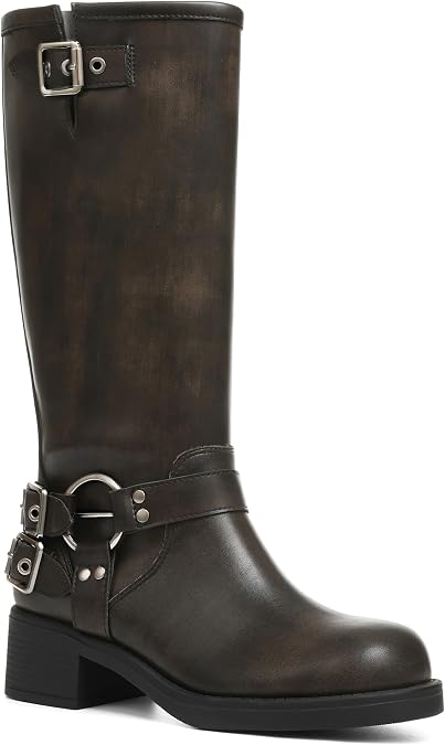 AMINUGAL Knee High Boots Women Moto Biker Buckle Tall Boots